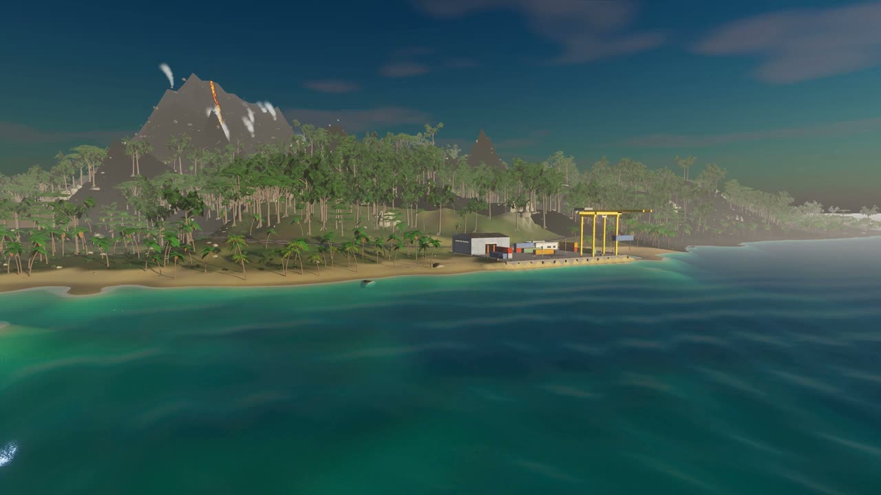 A tropical shoreline, salvage buildings and a volcano on Outscrap’s Ember Island